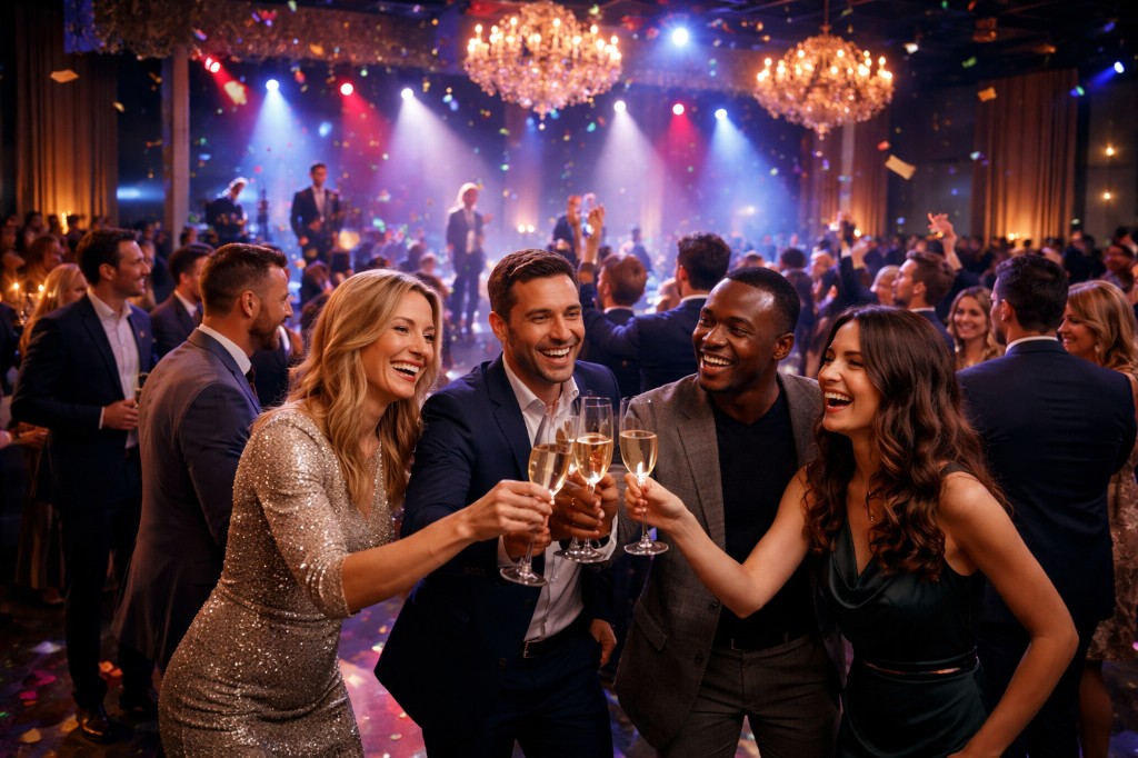 Festa privada em salão de eventos, convidados a brindar