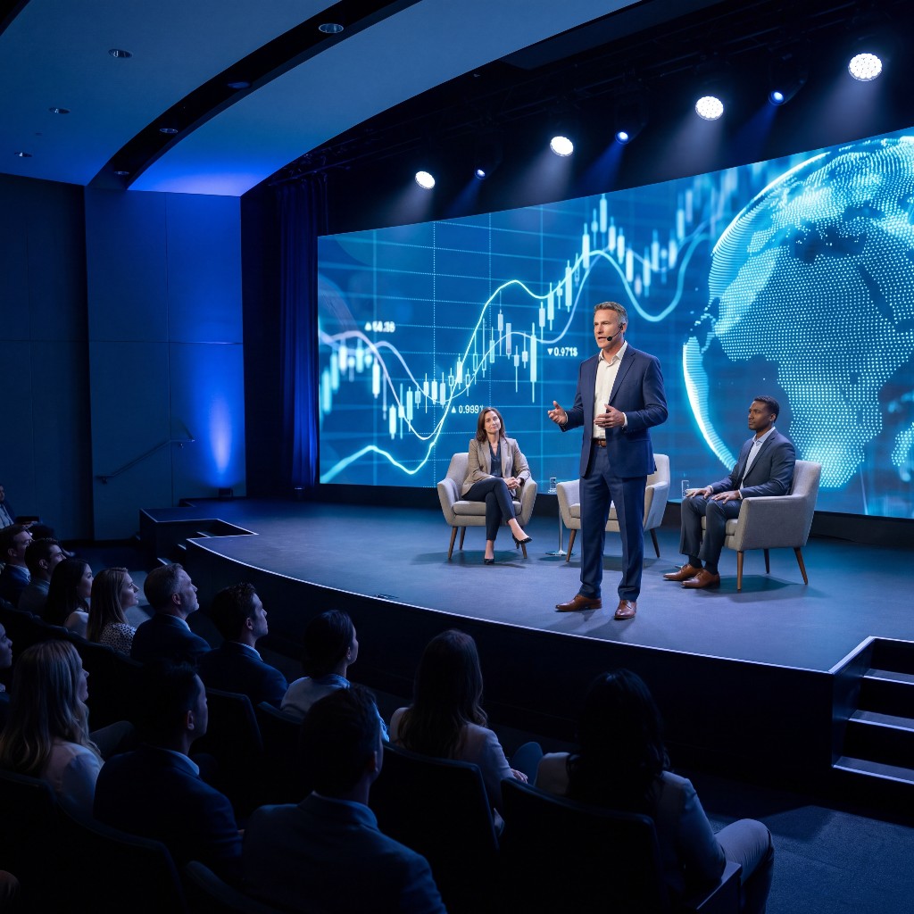 Conferência em auditório com palco e ecrã LED